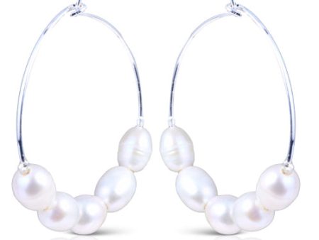 5-Pearl Hoop Earrings- Silver White on Sale