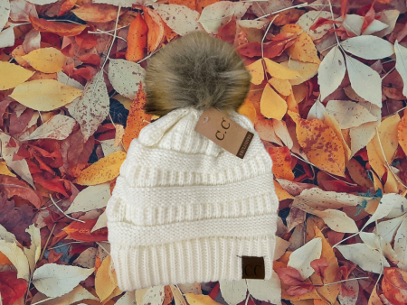 Cream CC Beanie with Pom For Discount