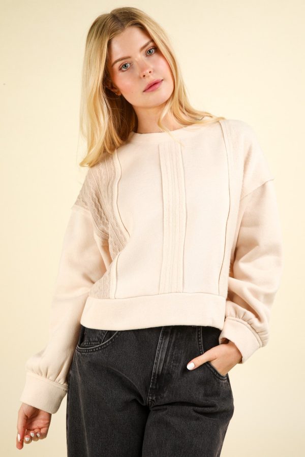 Cable Contrast Detail Oversized Knit Crop Top - Beige For Sale