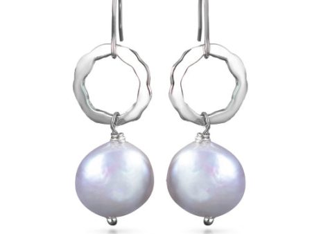 Open Hoop Drop Disc Pearl Earrings- Natural White Silver Sale