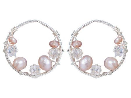 Wrapped Pearl Flat Hoop Earrings- Silver Sale