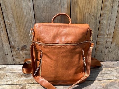 Burnt Orange Square Leather Backpack Hot on Sale