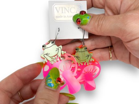 Last Chance! TOAD-ally FUN-gi Dangle Earrings on pink mushrooms Cheap