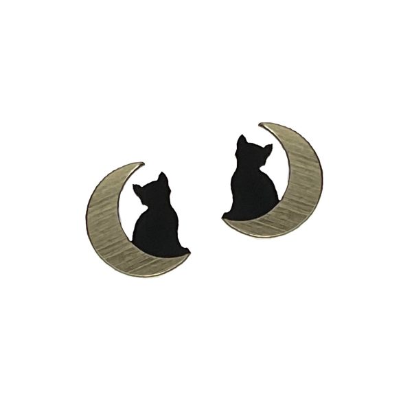 Small Cat in Moon Earrings on Sale