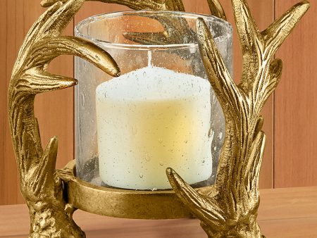 Antler Metal and Glass Hurricane Candleholder For Sale