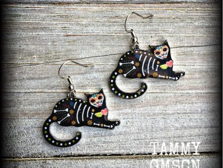 Day of the dead cat earrings-Halloween earrings Supply