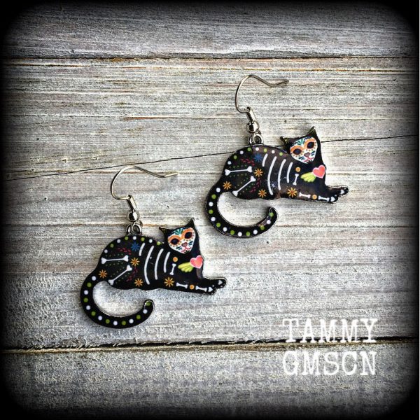 Day of the dead cat earrings-Halloween earrings Supply