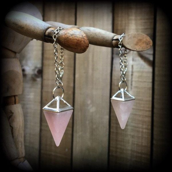 Rose quartz earrings-Tunnel dangles Discount