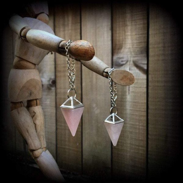 Rose quartz earrings-Tunnel dangles Discount